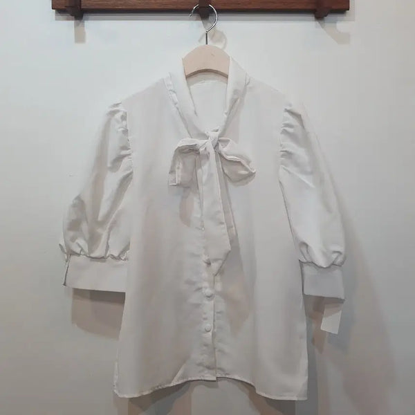 [BUNJANG] White Ribbon Tie Blouse with Puff Sleeves / 리본 타이 화이트 블라우스