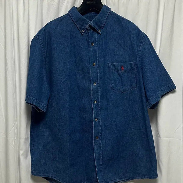 [BUNJANG] Polo Ralph Lauren Dark Wash Denim Short Sleeve Shirt XXL / no.190 폴로 데님 반팔 셔츠 진청 xxl 상태 s급