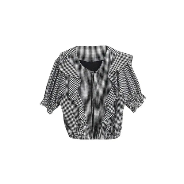 [BUNJANG] Women's Simple Overfit Plaid Zip-Up Blouse Black / 여성F / 심플리 오버핏 고방체크 프릴 집업블라우스BK 12-117