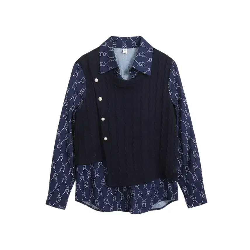[BUNJANG] Bear Pattern Blouse / 여성F/HLSG 네이비 조끼 입은듯 베어 패턴 블라우스 22-163