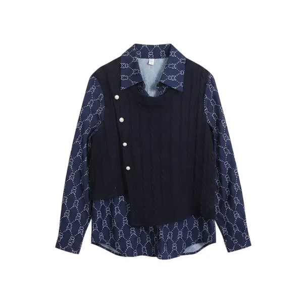 [BUNJANG] Bear Pattern Blouse / 여성F/HLSG 네이비 조끼 입은듯 베어 패턴 블라우스 22-163