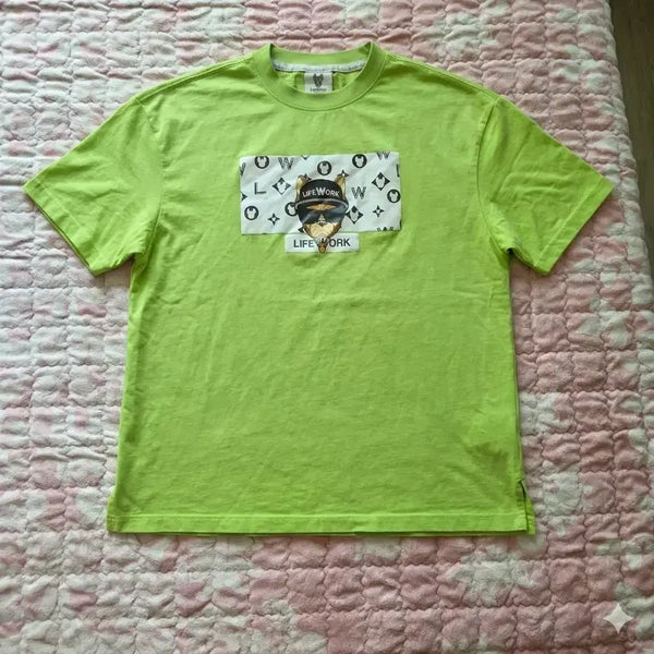 [BUNJANG] Life Work Neon Green Bulldog Short Sleeve T-Shirt / 라이프워크 네온그린 불독 반팔티 남녀공용 S