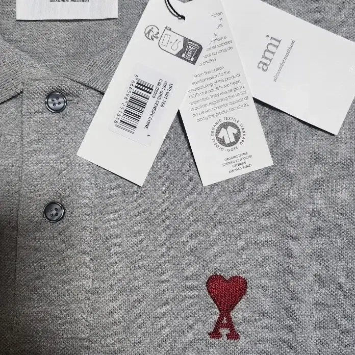 [BUNJANG] AMI Alexandre Mattiussi Heart Logo Embroidered Polo Shirt Grey / 아미 알렉산드레 마티우시 하트 자수 카라티 그레이