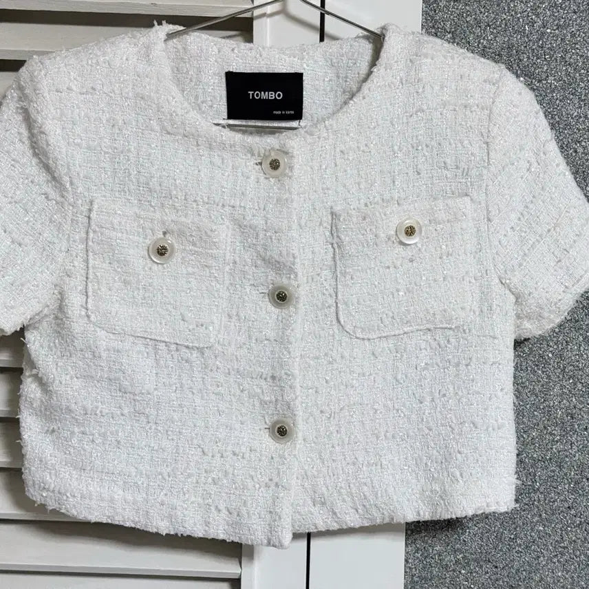 [BUNJANG] White Tweed Cropped Short Sleeve Jacket / 화이트 트위드 크롭 반팔 자켓