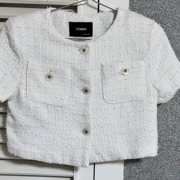 [BUNJANG] White Tweed Cropped Short Sleeve Jacket / 화이트 트위드 크롭 반팔 자켓