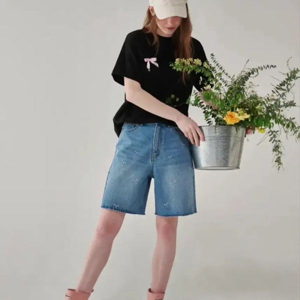 [BUNJANG] Ronron Ribbon Denim Shorts (M) / 론론 리본 반바제 m