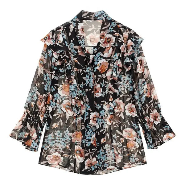 [BUNJANG] G-CUT Floral Printing Ruffle Chiffon Blouse - Blue / @7/12까지할인@G-CUT 지컷 플라워 프린팅 러플 쉬폰 블라우스 블루