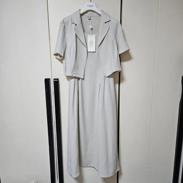 [BUNJANG] Short Sleeve Jacket and Pintuck Bustier Long Dress Two-Piece Set / [새상품] 반팔자켓 핀턱 뷔스티에 롱 원피스 투피스 세트(정가7.7)