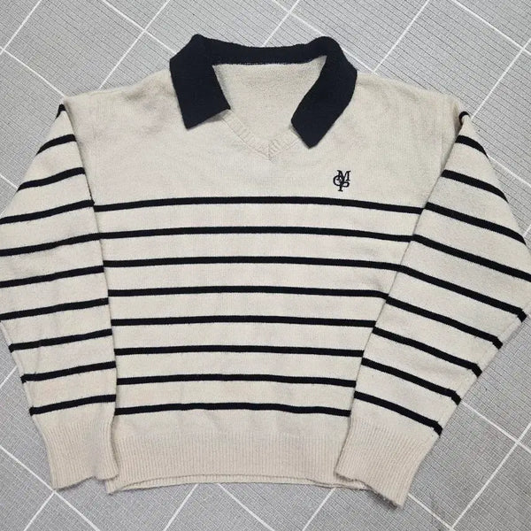[BUNJANG] Women's Collared Striped Knit T-Shirt / 여성 카라 니트 티셔츠 프리사이즈