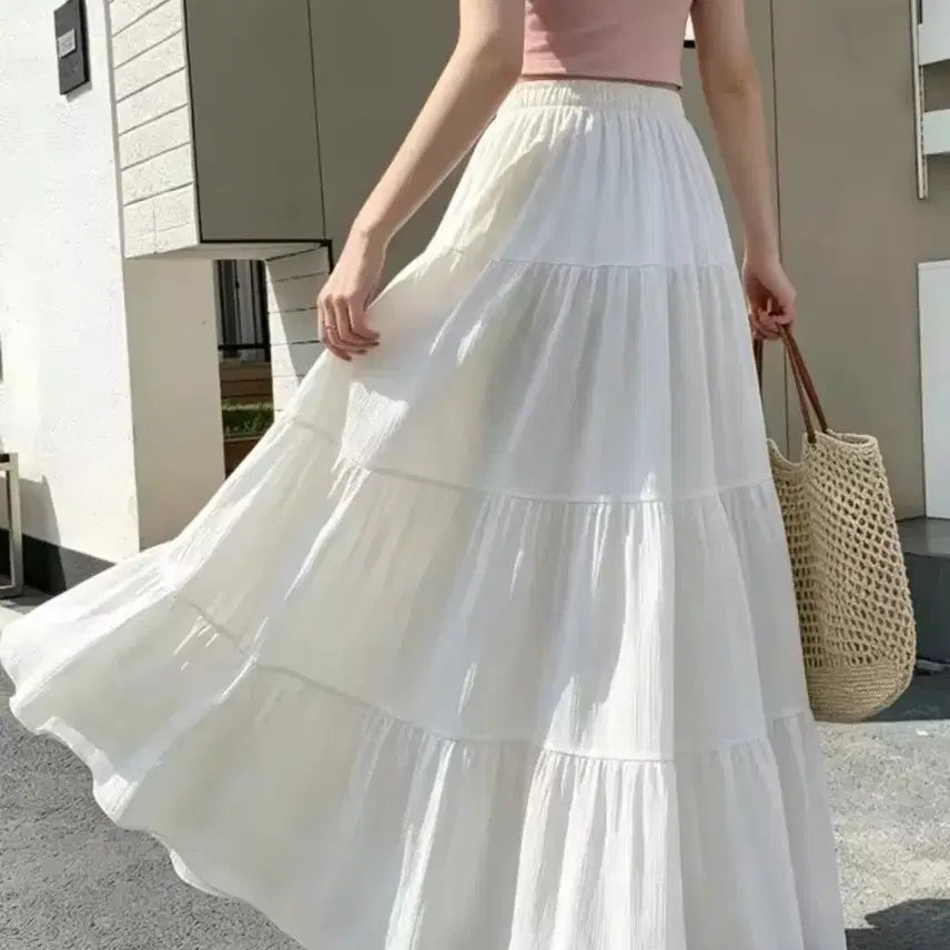 [BUNJANG] White Tiered Chiffon Silk Skirt / 화이트 캉캉 쉬폰 실크 찰랑스커트