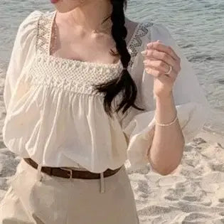 [BUNJANG] ATTRANGS Linen Knit Embroidery Lace Summer Blouse - Ivory / 아뜨랑스 린넨 뜨개자수 레이스 여름 블라우스, 아이보리 free