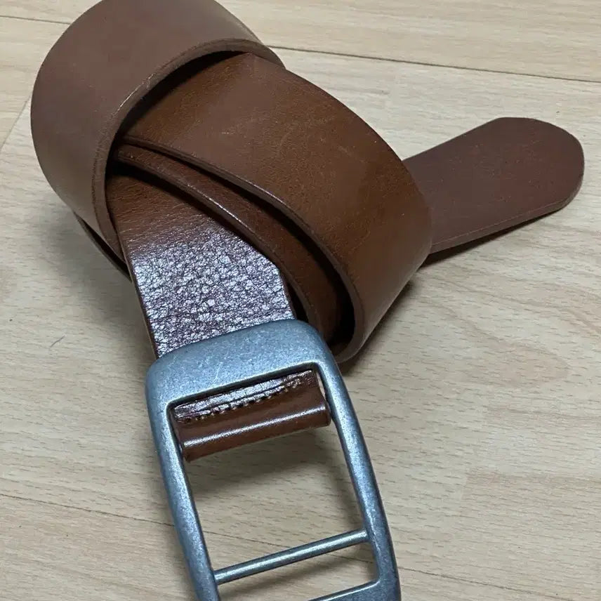 [BUNJANG] Men's Brown Leather Belt with Silver Buckle / 남성 브라운 가죽 벨트