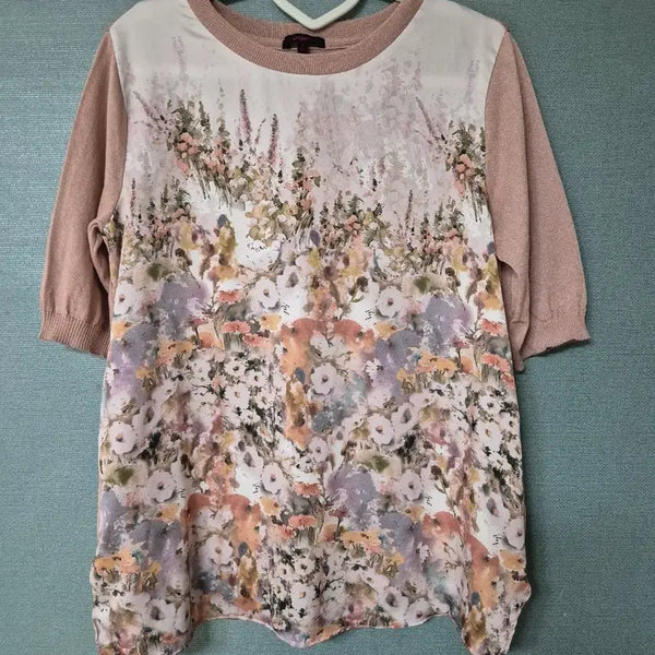 [BUNJANG] Floral Colorblock Knit Blouse Size 55 / 꽃무늬 배색 니트 블라우스 55