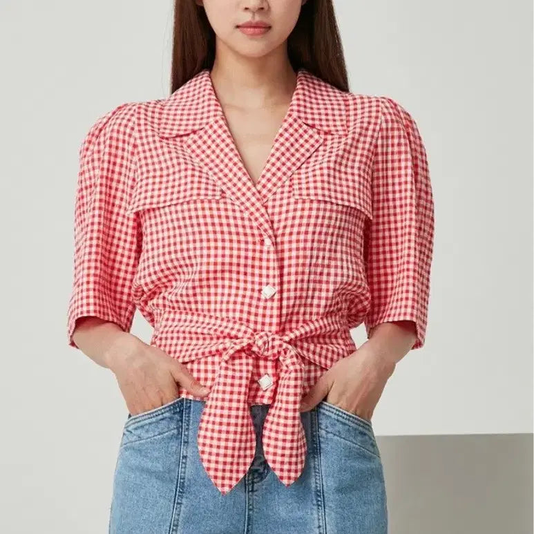 [BUNJANG] Egoist Check Pattern Wrap Blouse (Red) / 에고이스트 체크 패턴 랩 블라우스 (레드)55
