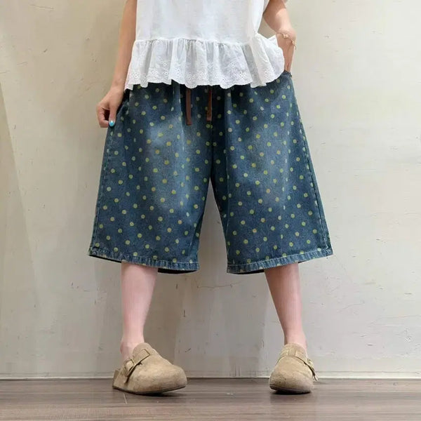 [BUNJANG] Dot Pattern Wide Denim Culottes Summer Women's Loose Fit Banding Jeans / 새상품)땡땡이 도트 와이드 청반바지 여름 여성 루즈핏 밴딩 데님팬츠