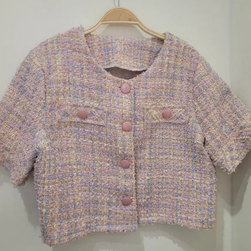 [BUNJANG] Pink Mix Tweed Short Sleeve Cropped Jacket / 핑크 믹스 트위드 반팔 크롭 자켓 55~66