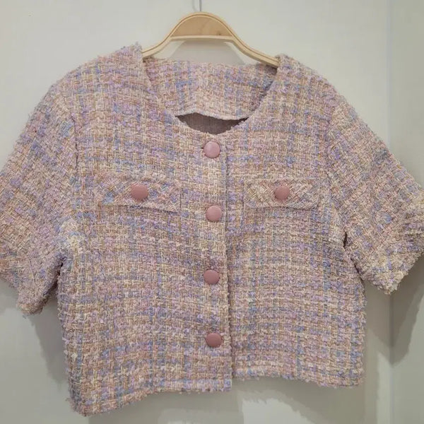 [BUNJANG] Pink Mix Tweed Short Sleeve Cropped Jacket / 핑크 믹스 트위드 반팔 크롭 자켓 55~66