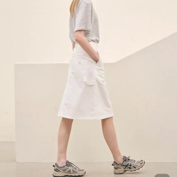 [BUNJANG] Carpenter A-Line Cotton Skirt - White / 교신안함)카펜더 A라인 코튼 스커트-화이트