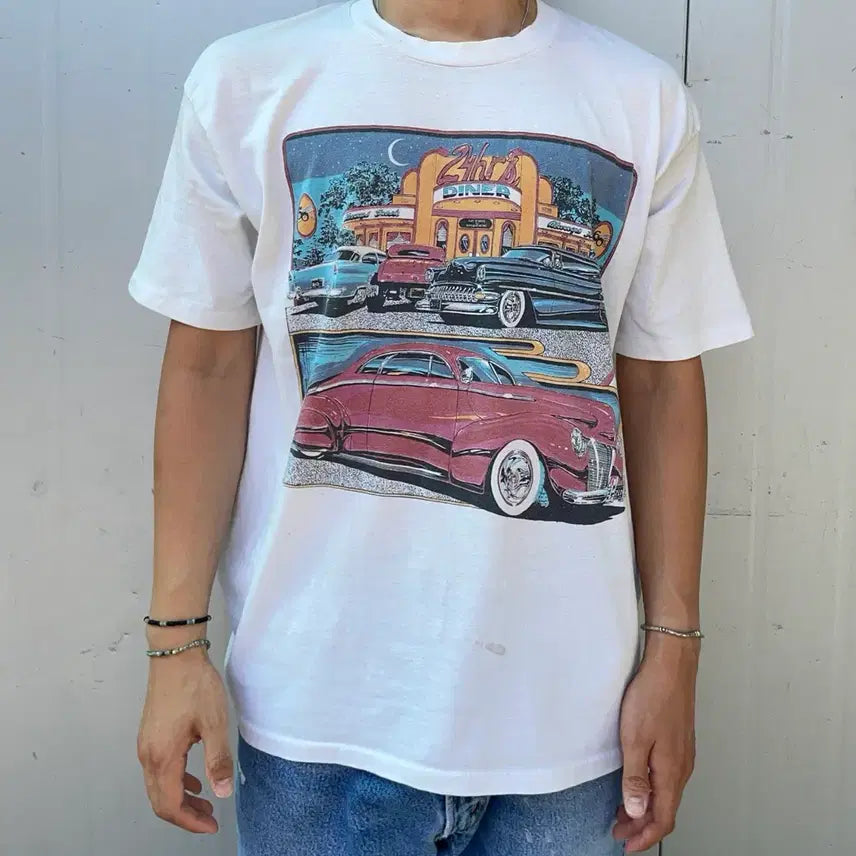 [BUNJANG] 90s Single Stitch Diner Hot Rod Classic Car Graphic T-Shirt / 90s 싱글스티치 다이너 핫로드 클래식카 반팔 티셔츠