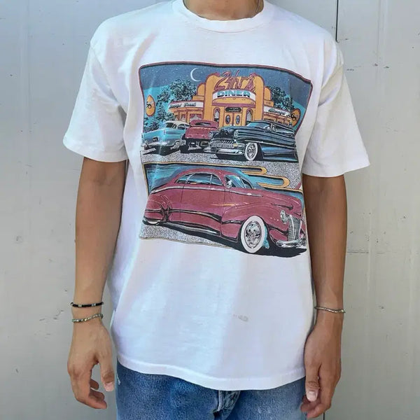 [BUNJANG] 90s Single Stitch Diner Hot Rod Classic Car Graphic T-Shirt / 90s 싱글스티치 다이너 핫로드 클래식카 반팔 티셔츠