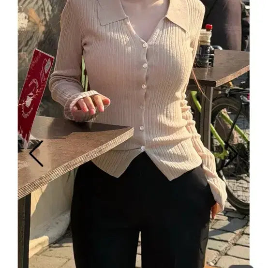 [BUNJANG] KindaMimi V-Neck Collar Ribbed Cardigan Beige / 카인다미,카인다미 가디건