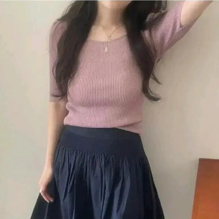 [BUNJANG] Odiepiefi Linen Summer Puff 5-Sleeve Slim Short-Sleeved Knit / 새상품 오디파이 린넨 여름 퍼프 5부 슬림 반팔 니트