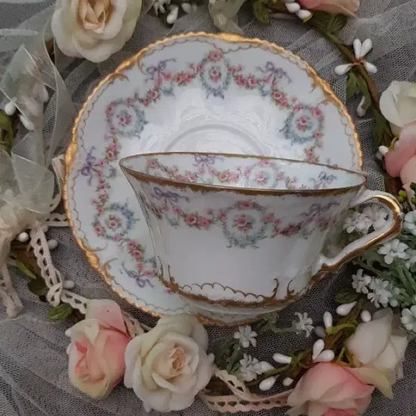 [BUNJANG] Haviland France Teacup Set with Purple Ribbon and Rose Motif / 프랑스하빌랜드