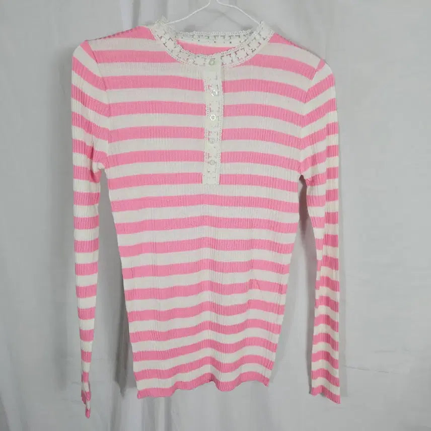 [BUNJANG] Pink Stripe Ribbed Knit Top - New / 핑크 스트라이프 골지니트(택 없는 새상품)