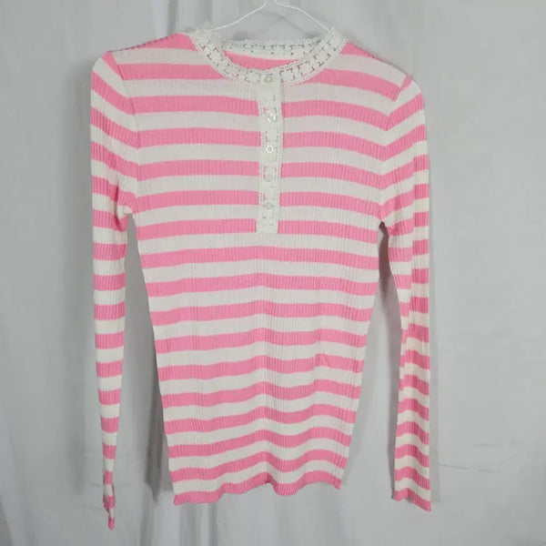 [BUNJANG] Pink Stripe Ribbed Knit Top - New / 핑크 스트라이프 골지니트(택 없는 새상품)