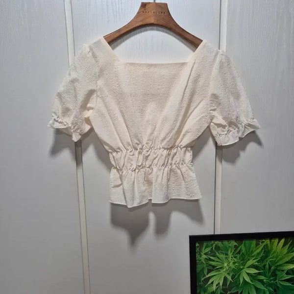 [BUNJANG] Square Neck Short Sleeve Blouse Ivory / (세일)(새상품)스퀘어넥 반팔 블라우스 아이보리