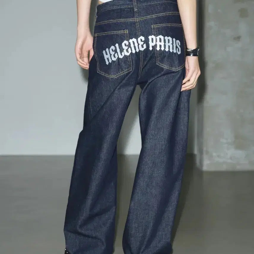 [BUNJANG] Helene Paris Logo Needle Point Wide Denim Pants / 헬레네파리스 로고 니들 포인트 와이드 데님 팬츠