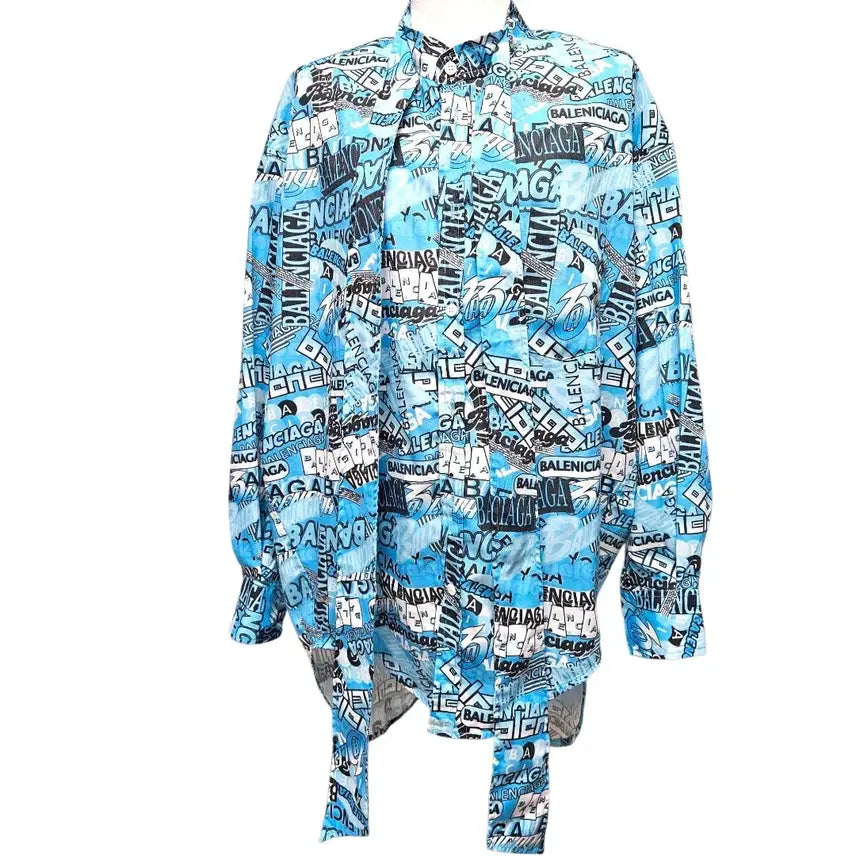 [BUNJANG] Balenciaga All Over Logo Shirt Blue Size 38 / 발렌시아가 올오버 로고 셔츠 38사이즈