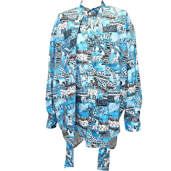 [BUNJANG] Balenciaga All Over Logo Shirt Blue Size 38 / 발렌시아가 올오버 로고 셔츠 38사이즈