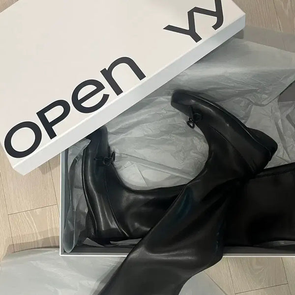 [BUNJANG] Open Y.Y Black Leather Ribbon Boots Size 235 / 오픈와이이 블랙 레더 리본 부츠 235