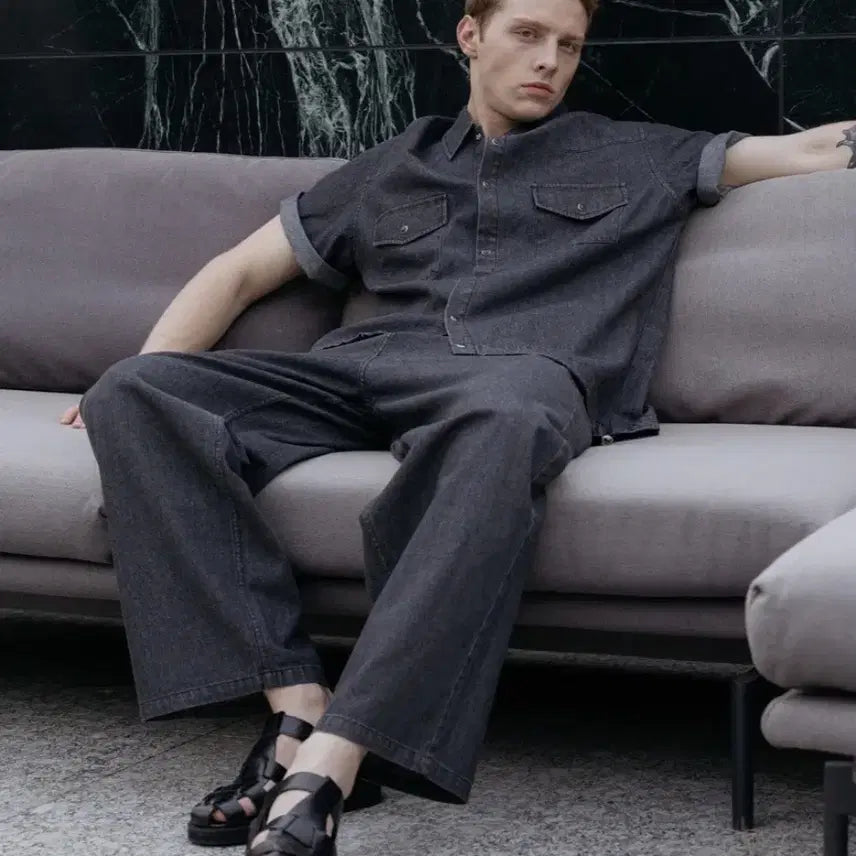 [BUNJANG] Decolloso Cool Flow Denim Half-Sleeve Shirt Pants Setup Set New / 데꼬로소 쿨 플로우 데님 반팔 셔츠 팬츠 셋업 새상품