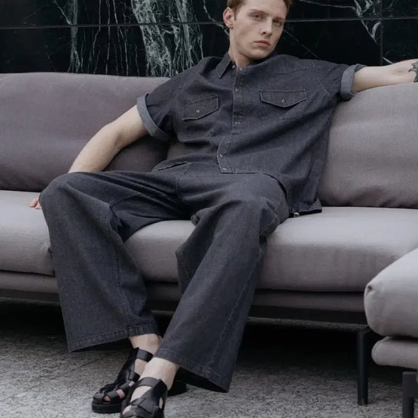 [BUNJANG] Decolloso Cool Flow Denim Half-Sleeve Shirt Pants Setup Set New / 데꼬로소 쿨 플로우 데님 반팔 셔츠 팬츠 셋업 새상품
