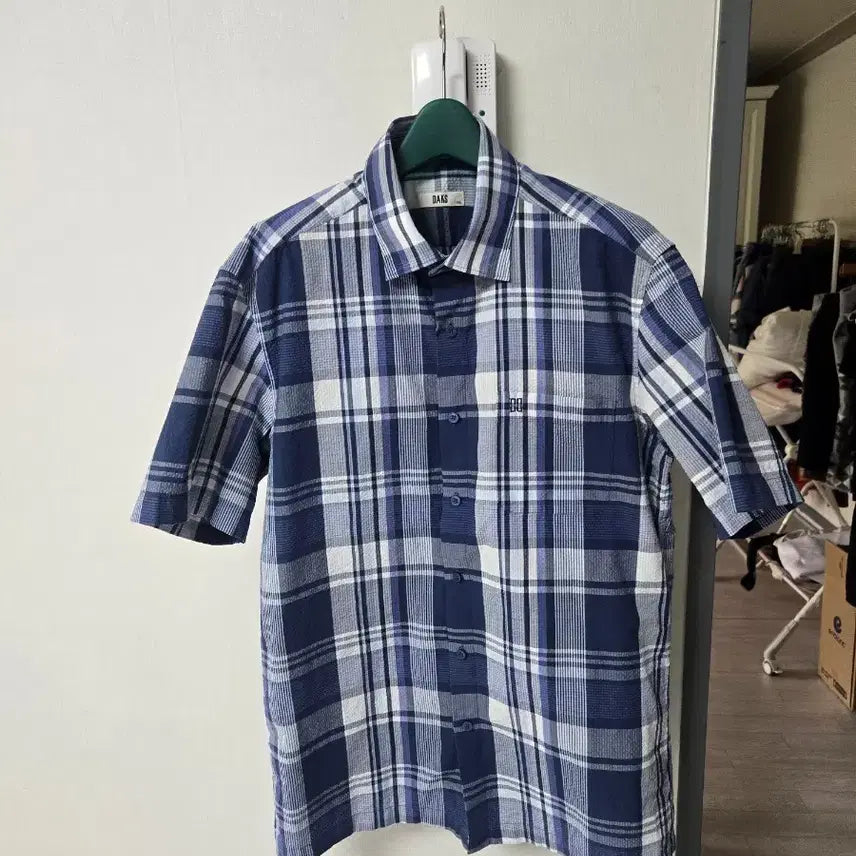 [BUNJANG] DAKS Men's Navy Check Short-Sleeve Shirt / 남성100 닥스 체크 반팔 셔츠 네이비