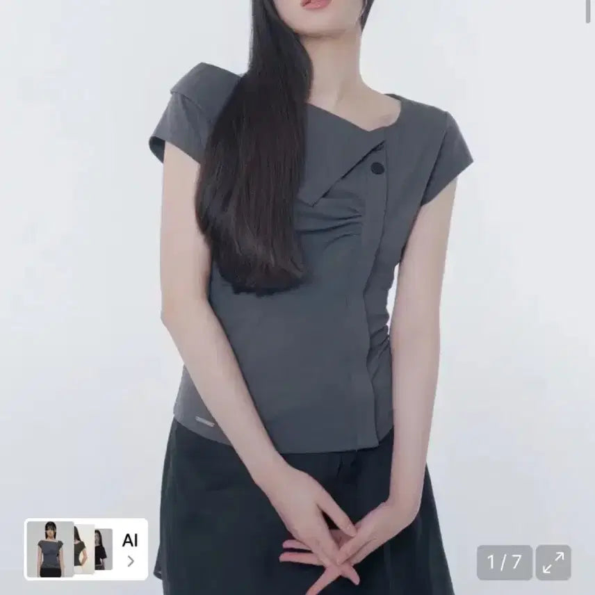 [BUNJANG] Miseki Seoul Folding Collar Shirring Top Charcoal / 미세키서울 폴딩 칼라 셔링 탑 차콜 1사이즈