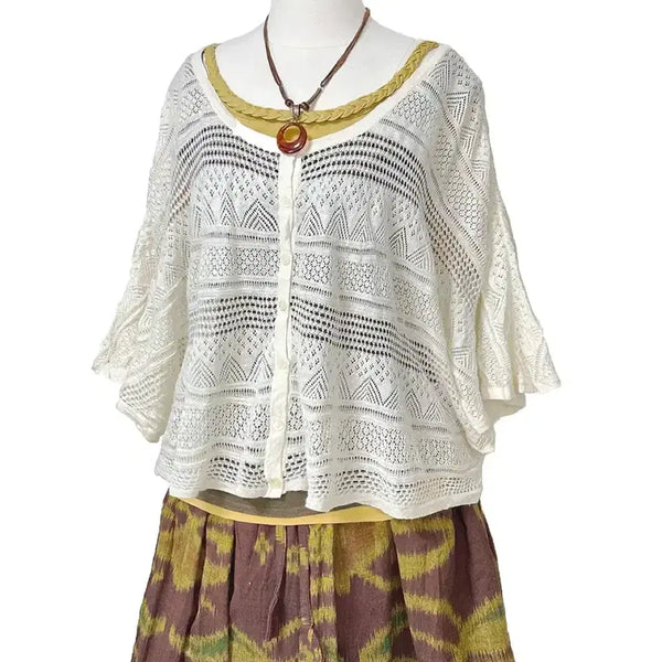 [BUNJANG] Vintage Linen Blend Punch Lace Poncho Cardigan Mori Girl Gyaru Y2K Hippie Style / 일본빈티지 린넨혼방 펀칭레이스판쵸판초핏가디건 모리걸하구미룩갸루y2k히피