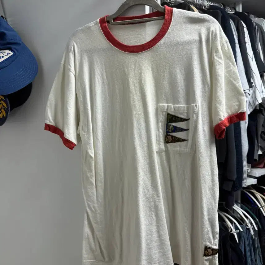 [BUNJANG] Kapital 20 Pennant Ringer T-Shirt White / 캐피탈 20 페넌트 링거 티셔츠 4 플래그 화이트
