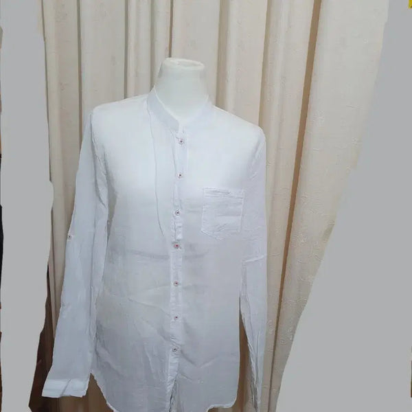 [BUNJANG] White Linen-Style Mandarin Collar Shirt / 차이나카라 남방 셔츠 흰색 린넨 스타일