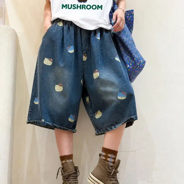 [BUNJANG] Hello Kitty Wide Denim Shorts Women's Summer / 새상품) 키티 와이드 데님 청반바지 여름 여성