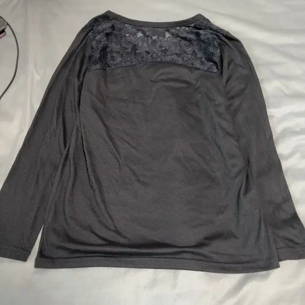 [BUNJANG] Black Lace Panel Long Sleeve T-Shirt / 블랙 레이스 배색 긴팔 티셔츠