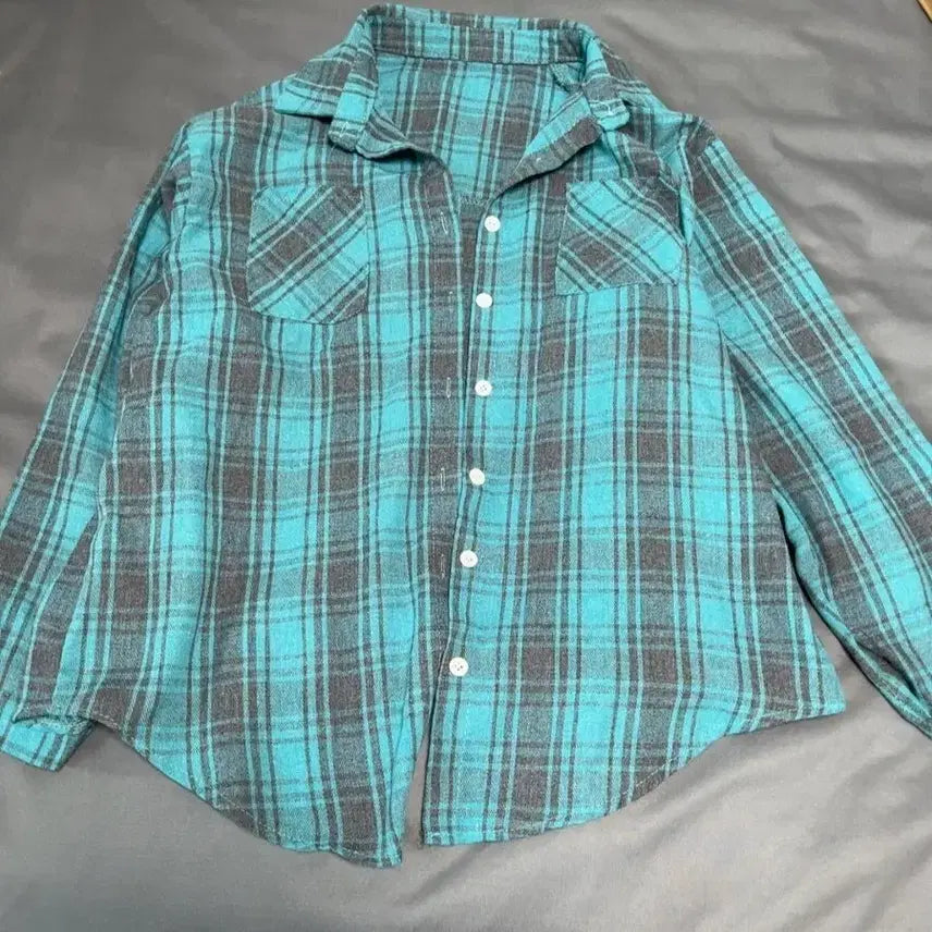 [BUNJANG] Teal Check Pattern Long-Sleeve Shirt / 청록색 체크 블루 남방 셔츠