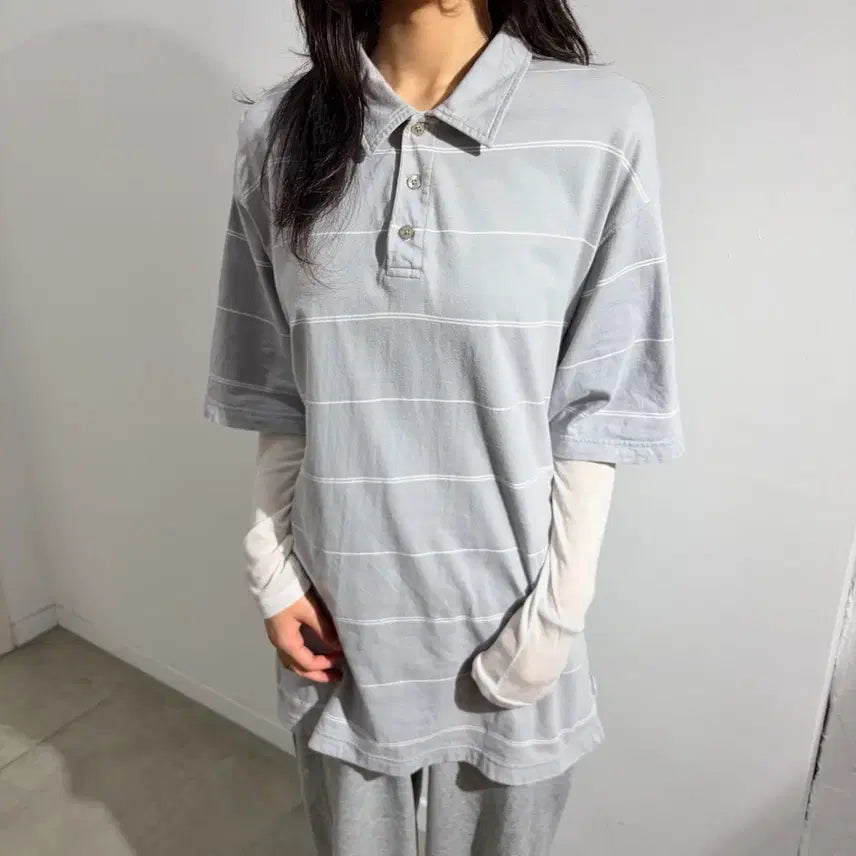 [BUNJANG] 00s Stussy Authentic Striped Grey Short Sleeve T-Shirt / 00s Stussy Authentic 스트라이프 그레이 반팔 티셔츠