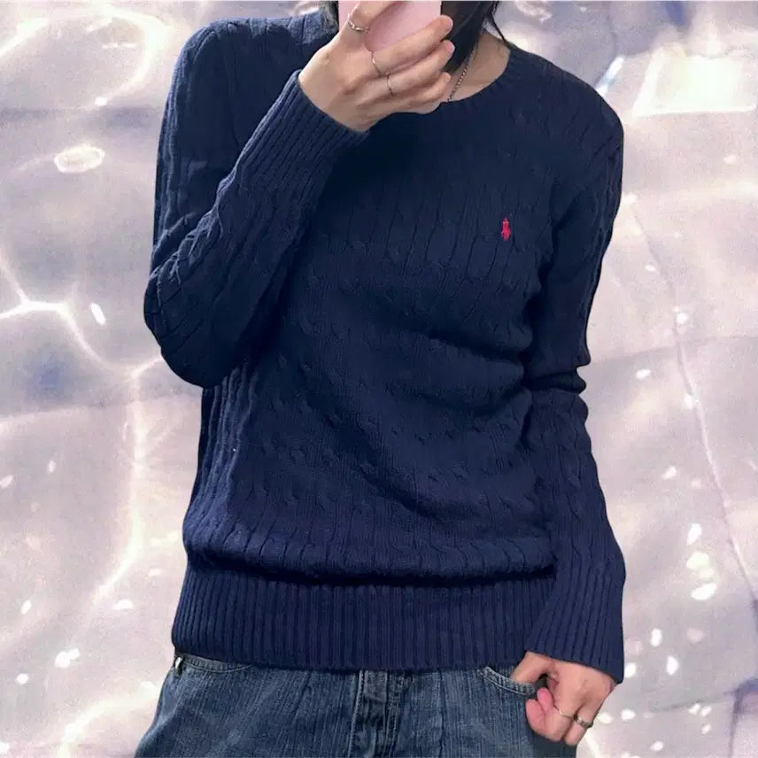 [BUNJANG] Polo Ralph Lauren New Cable Knit Crewneck Navy Youth L / 폴로 랄프로렌 신형 라운드넥 꽈배기 니트 네이비