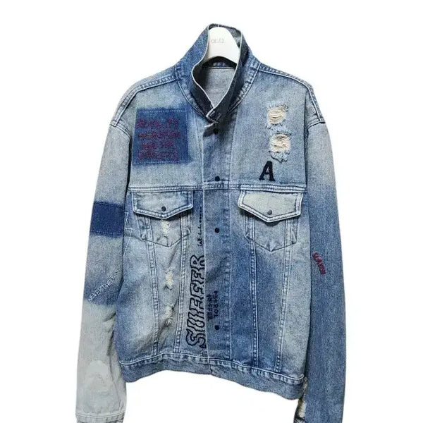 [BUNJANG] Vintage Distressed Denim Jacket with Street Patches and Wash / 빈티지 데미지 데님 자켓 스트릿 패치 워싱