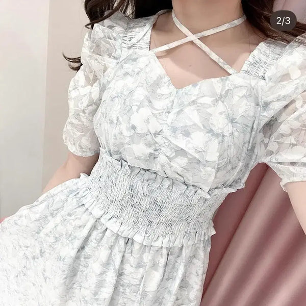 [BUNJANG] Evelyn Flower Choker Long Dress / 에블린 양산형 플라워 초커 롱 원피스 양산형 하늘색 원피스
