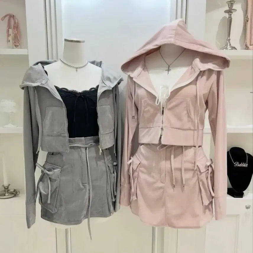 [BUNJANG] Bubbles Velvet Hooded Zip-Up Training Set - Pink / 벨벳 후드집업 세트 핑크 버블즈 양산형 지뢰계 트레이닝 셋업