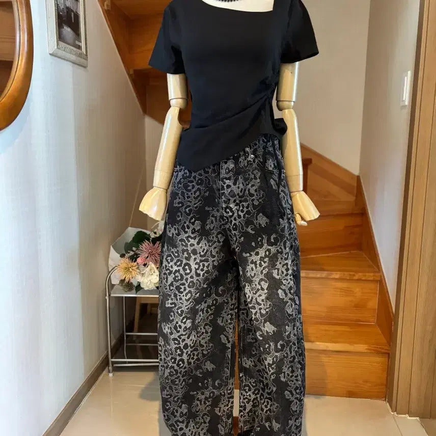 [BUNJANG] Leopard Pattern Wide Pants Black / 호피 패턴 와이드 팬츠 블랙